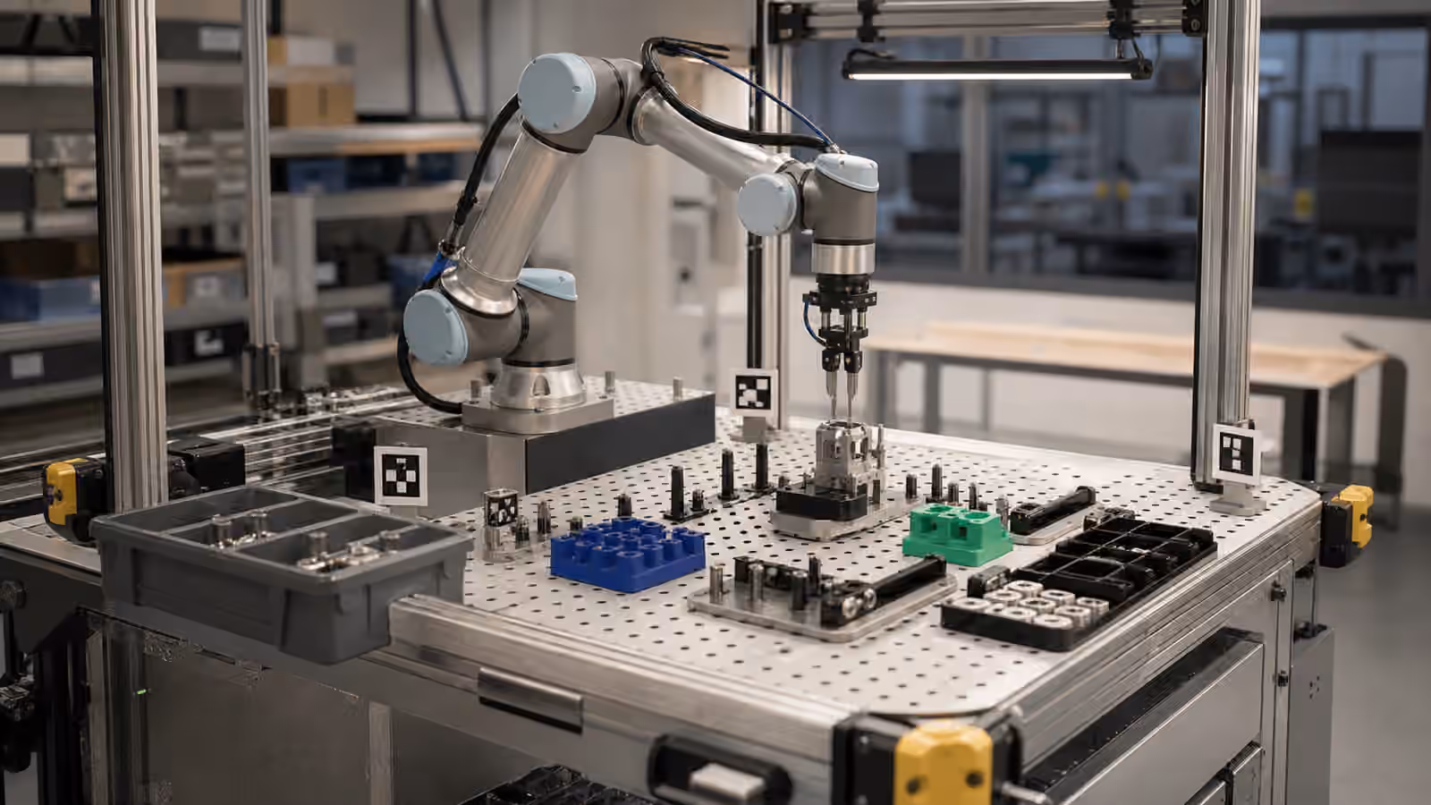 A robot arm working over a modular fixture plate with bins, alignment pins, calibration markers, and guarded lab workcell hardware.
