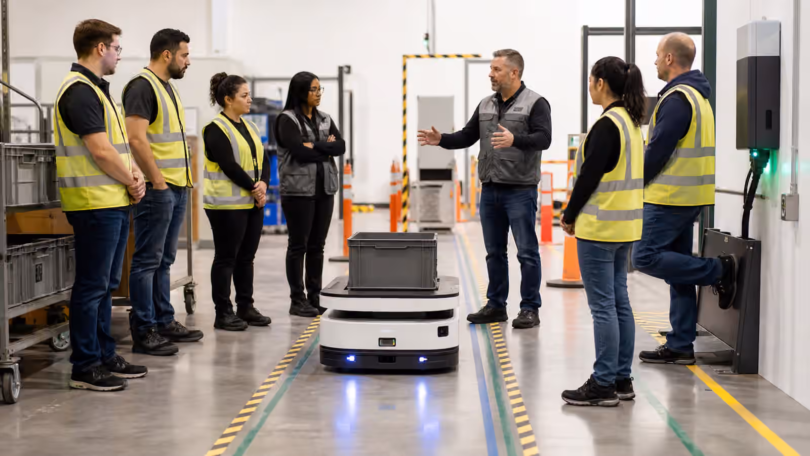 Workers in safety vests learning around an autonomous mobile robot in a marked training lane.