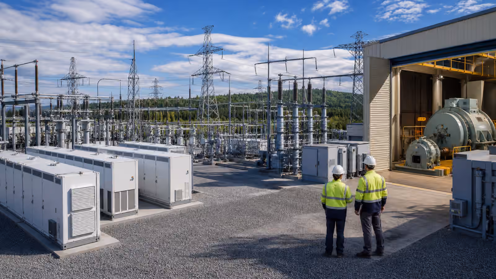 A substation, battery storage yard, and grid support equipment used for voltage, frequency, reserve, and restoration services.