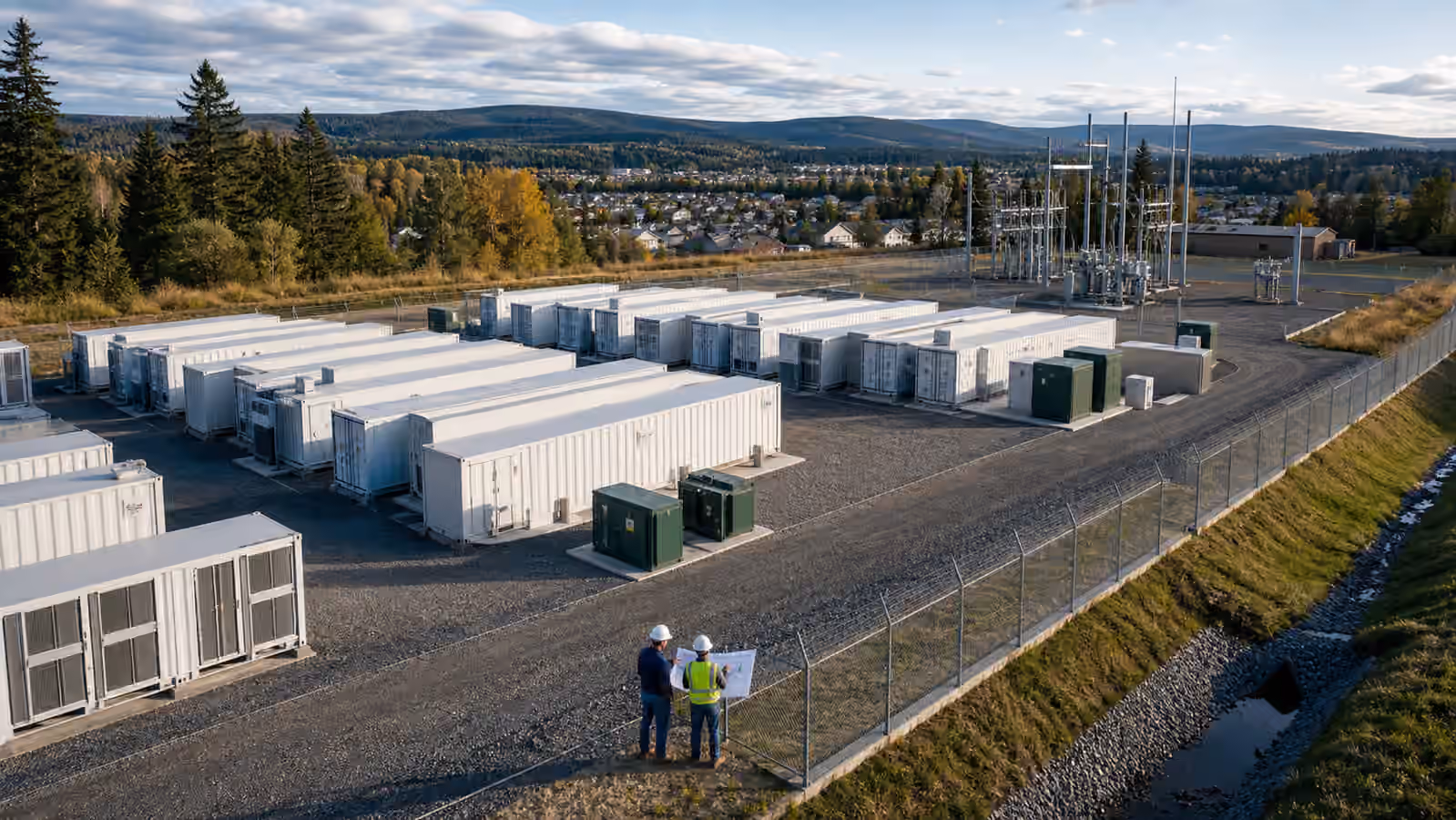 A utility-scale battery storage yard with container rows, access lanes, a substation, and engineers reviewing plans near the fence.