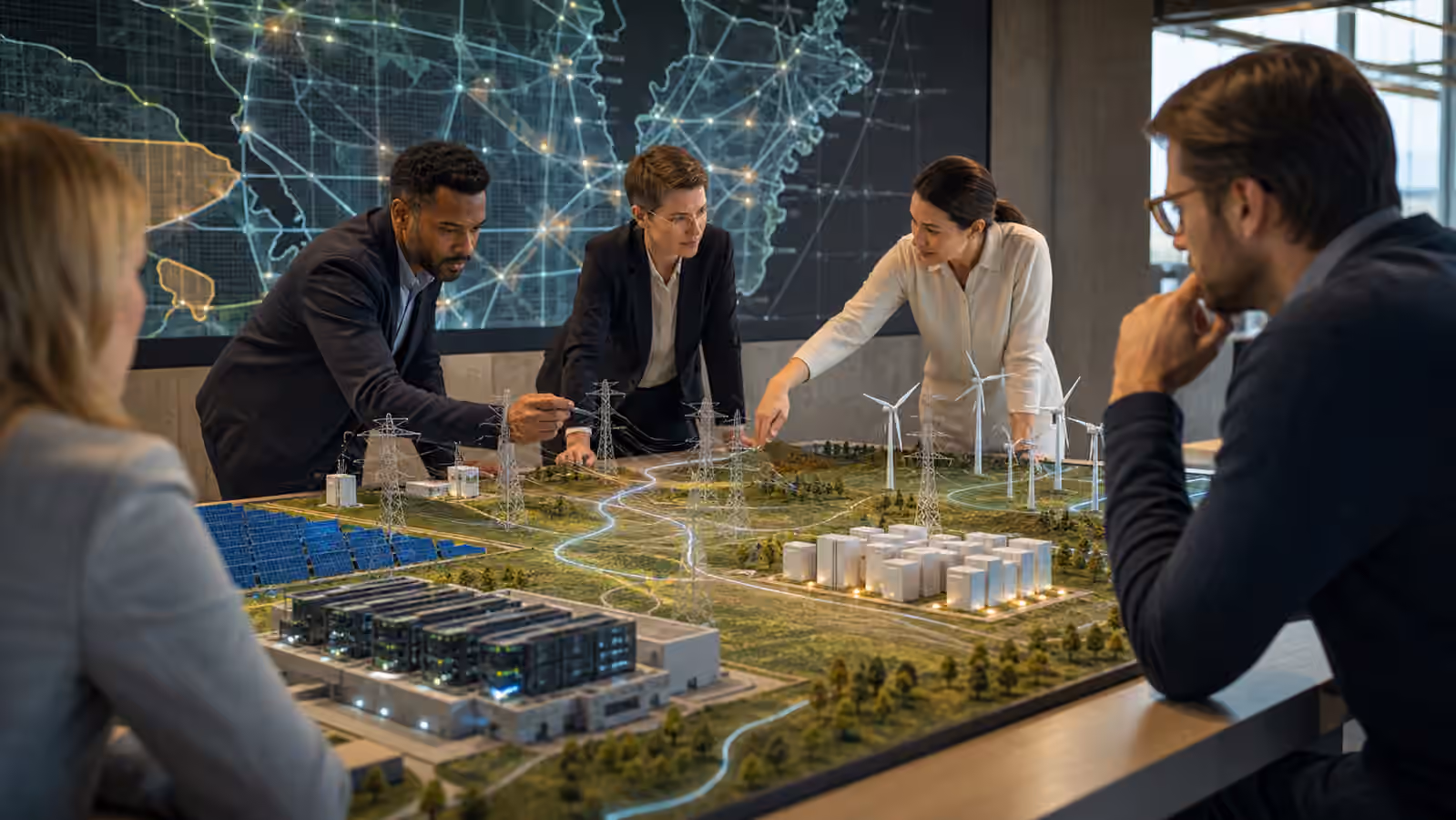 Energy planners and large electricity buyers studying a tabletop model of data centers, solar, wind, batteries, and transmission.