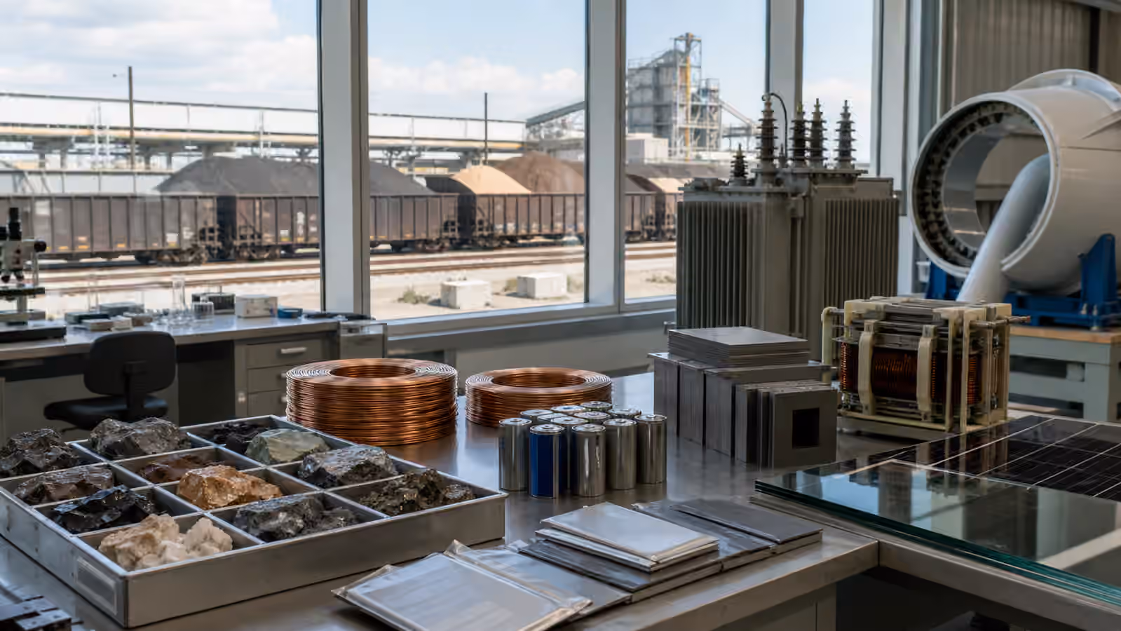Mineral samples, copper coils, battery cells, transformer parts, solar glass, and wind components arranged in a clean industrial materials lab.