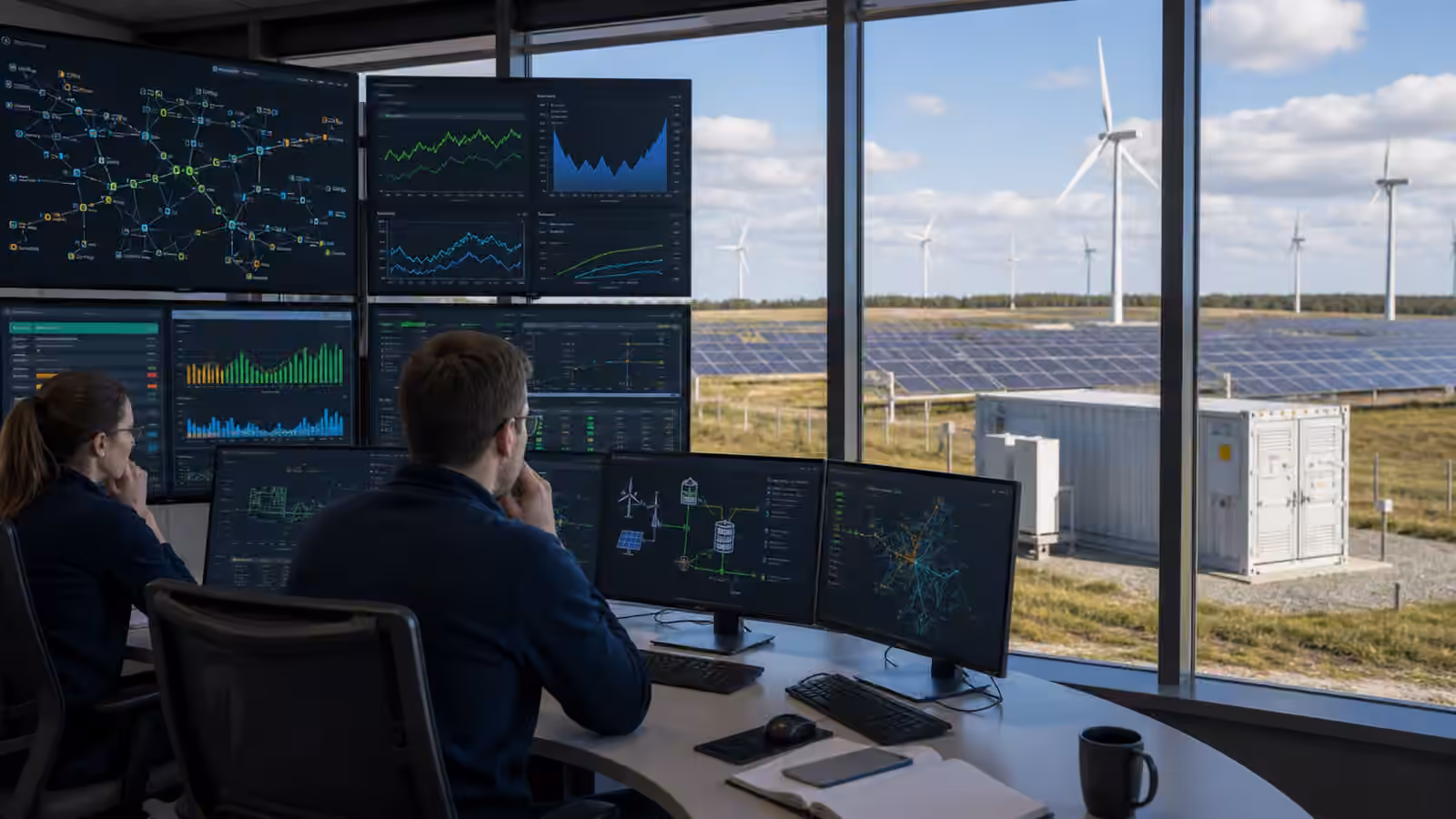 Operators in a renewable control room watch solar, wind, battery, and grid capacity conditions during a curtailment event