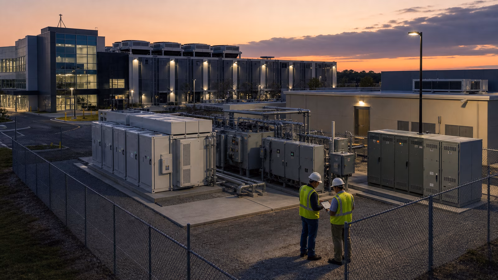 A data center campus at dusk with battery containers, transformers, switchgear, cooling equipment, and utility engineers reviewing a tablet.