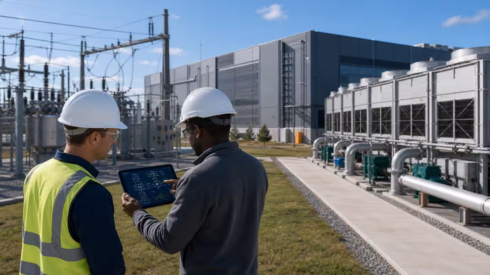 Engineers review power and cooling connections between a modern data center campus and a nearby electrical substation