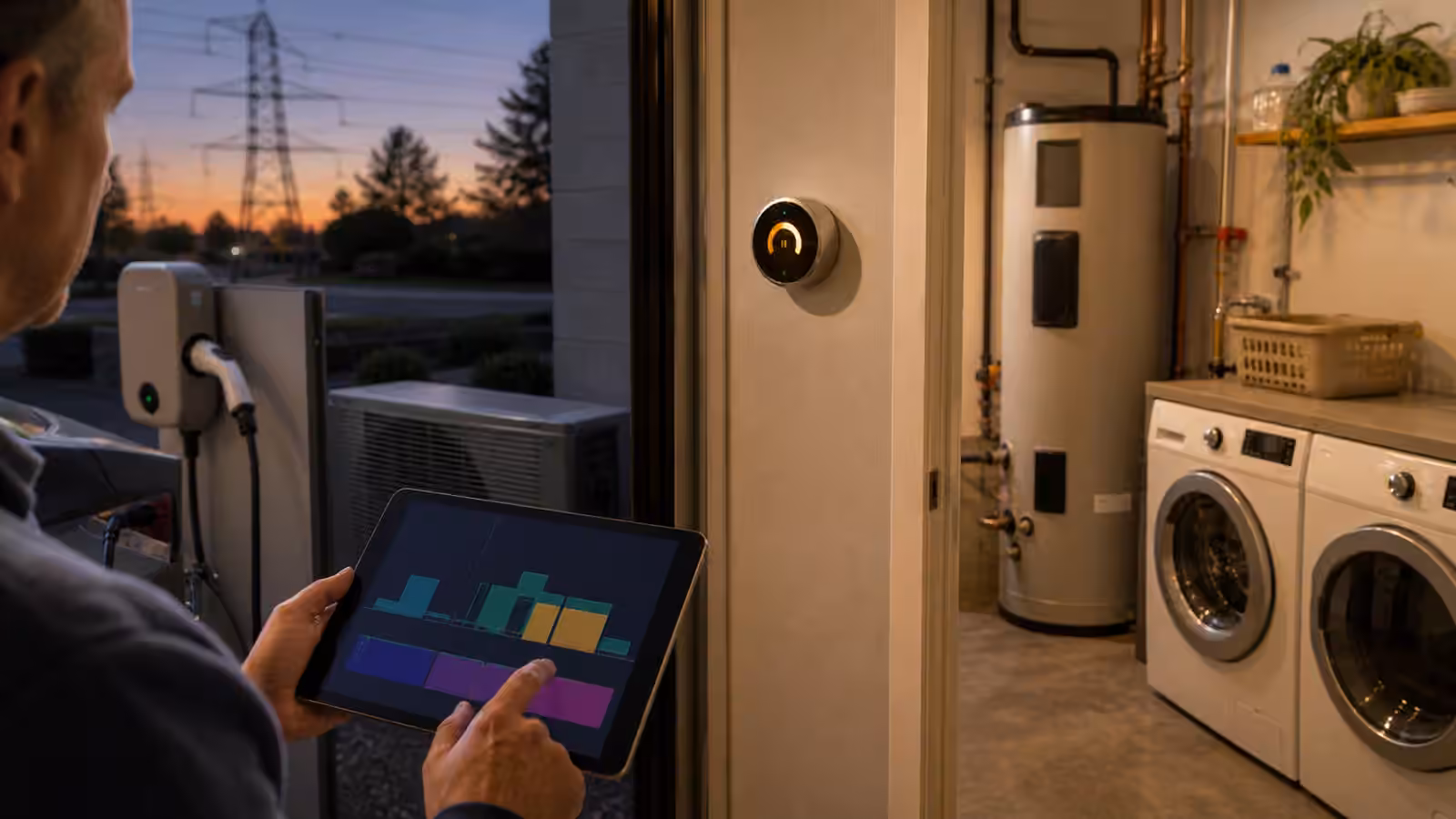 A home energy setup with an EV charger, thermostat, heat pump, water heater, and laundry appliances ready for load shifting