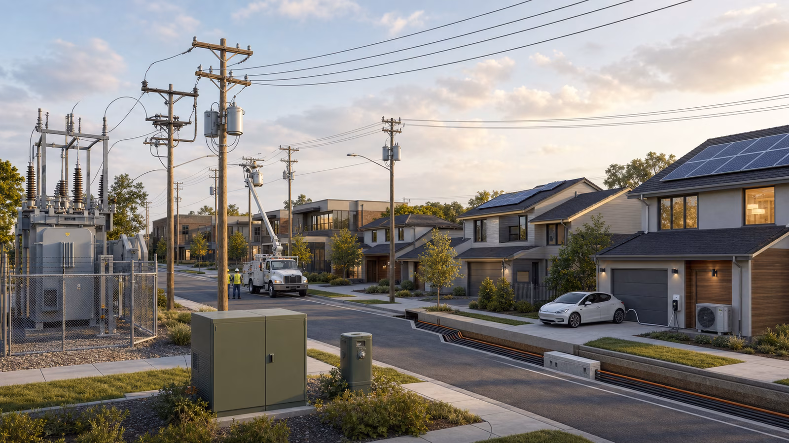 A neighborhood distribution grid with a small substation, utility poles, transformers, rooftop solar, an EV charger, a heat pump, and utility crews.
