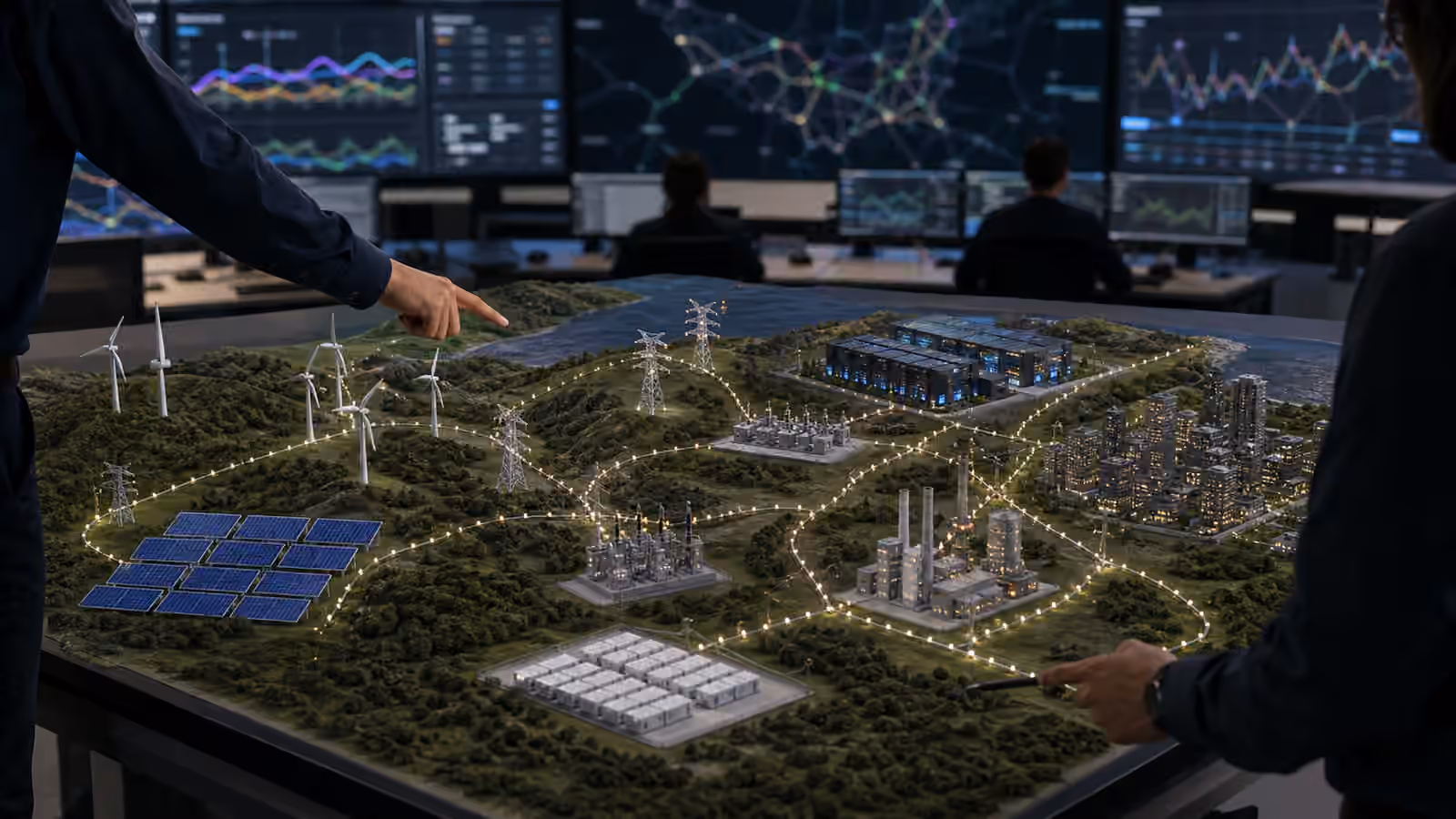 Grid operators studying a tabletop model of power plants, transmission lines, batteries, a data center, and a city load center in a control room.