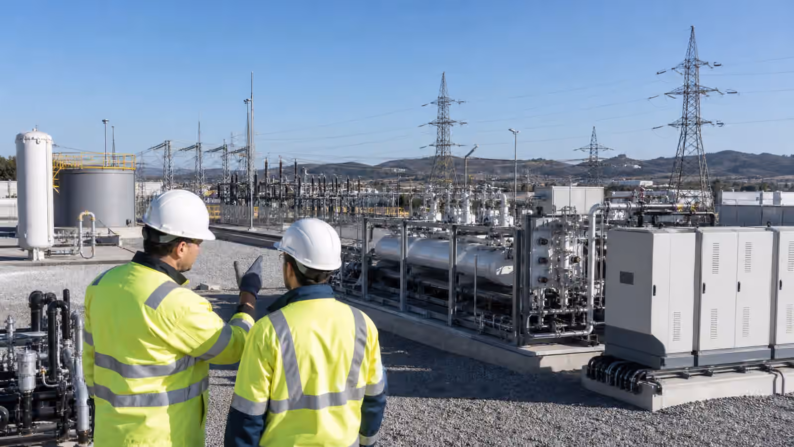 Engineers inspecting an industrial electrolyzer facility with pipes, power electronics, tanks, a substation, and transmission lines nearby.