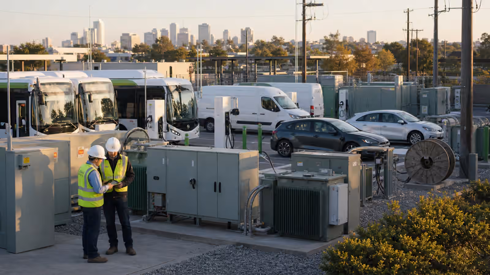 Electric buses, delivery vans, and passenger cars charging near a depot substation with utility crews reviewing grid equipment.