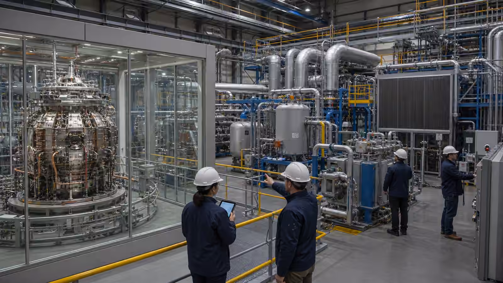 A fusion facility support hall with a compact research device, heat exchangers, cooling pipes, and balance-of-plant equipment