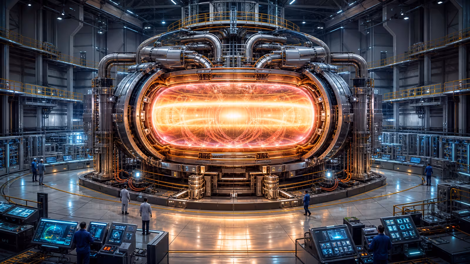 A clean fusion research hall with a glowing doughnut-shaped plasma chamber, magnetic coils, control systems, and small engineers for scale.