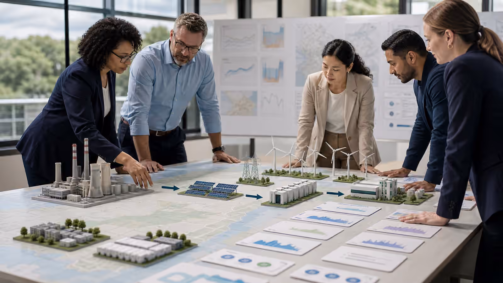 Energy planners comparing an older power station model with solar, wind, batteries, transmission upgrades, demand flexibility, and firm clean power resources.
