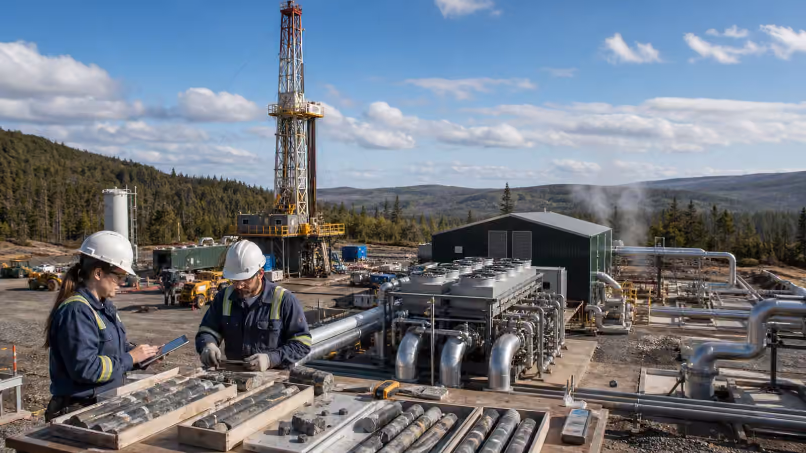 A geothermal well pad with drilling equipment, insulated pipes, heat exchange equipment, and geological core samples