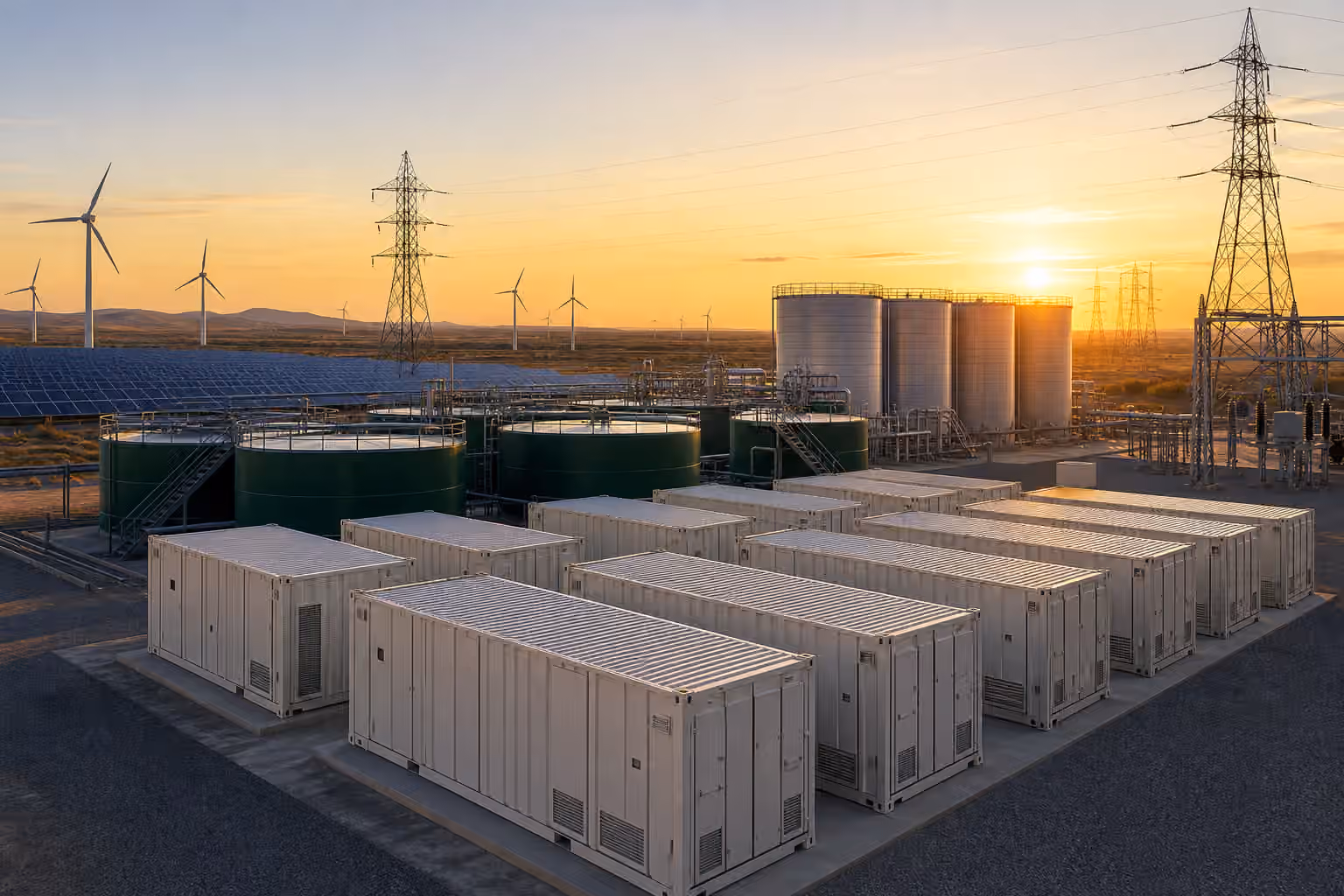Grid battery containers beside long-duration storage tanks