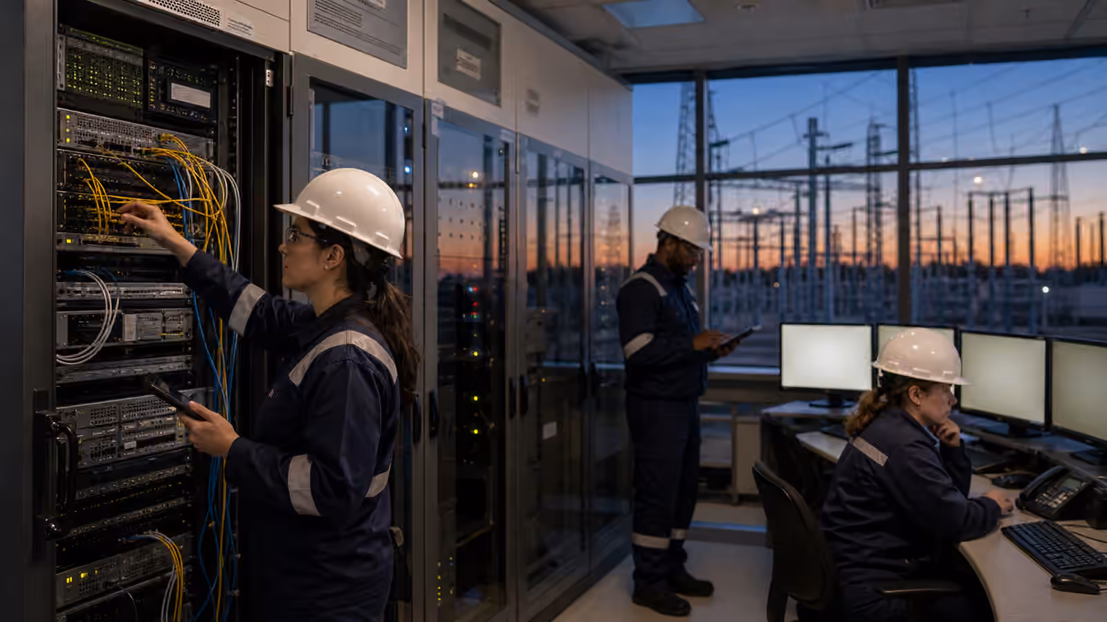 Engineers monitoring secure grid controls in a utility operations room with substations, batteries, and renewable plants shown on unreadable displays.