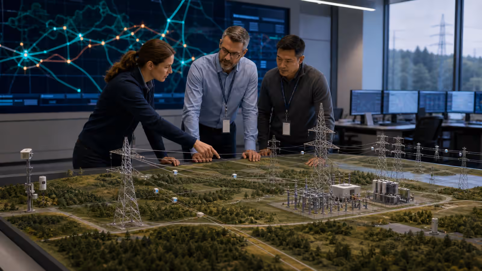Utility planners studying a tabletop transmission grid model with line sensors, substations, and abstract control-room displays.