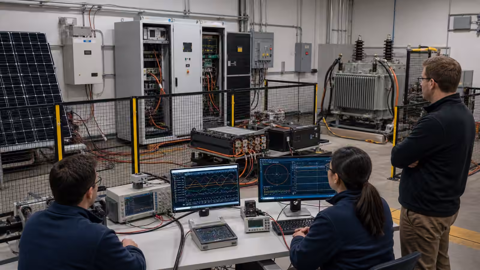 A power electronics lab tests grid-forming inverter cabinets with battery modules, solar emulator cables, and waveform monitors