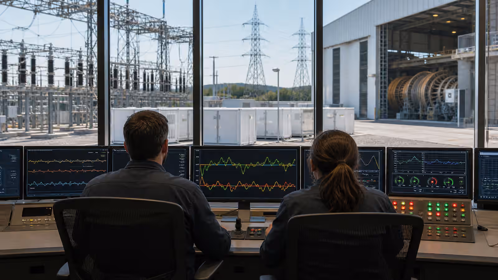 Grid operators reviewing waveform displays while a substation, battery container, transmission towers, and turbine hall sit outside the control room.