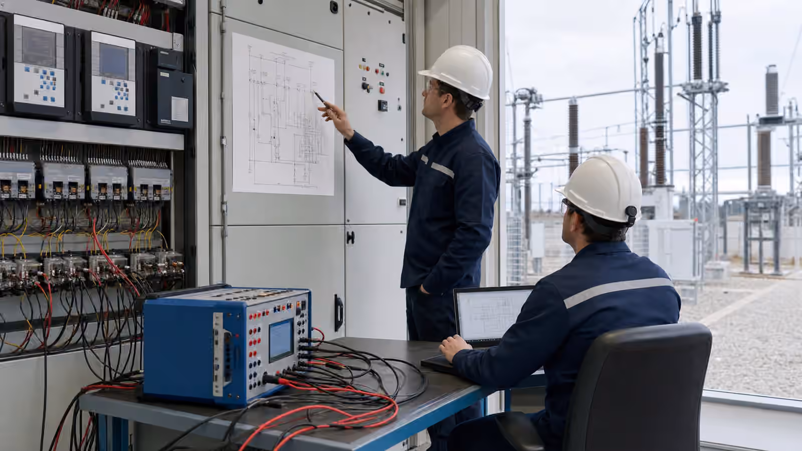 Utility engineers testing protective relay panels and breaker controls inside a substation control room with a substation yard beyond the windows.