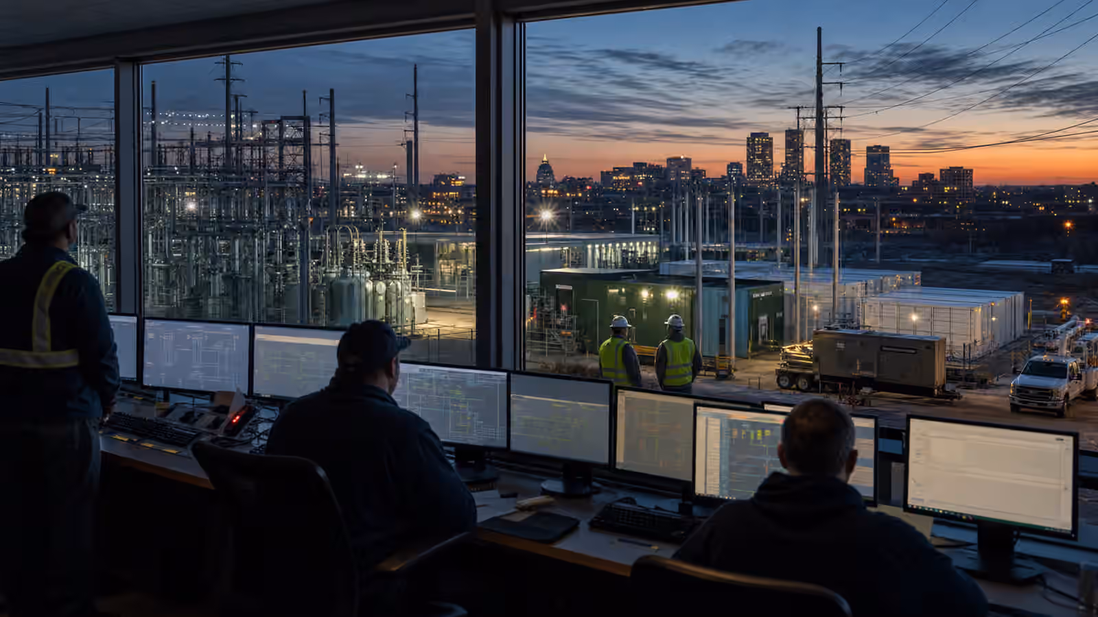 Grid operators in a control room coordinating restoration while a substation and city skyline are re-energized at dawn.