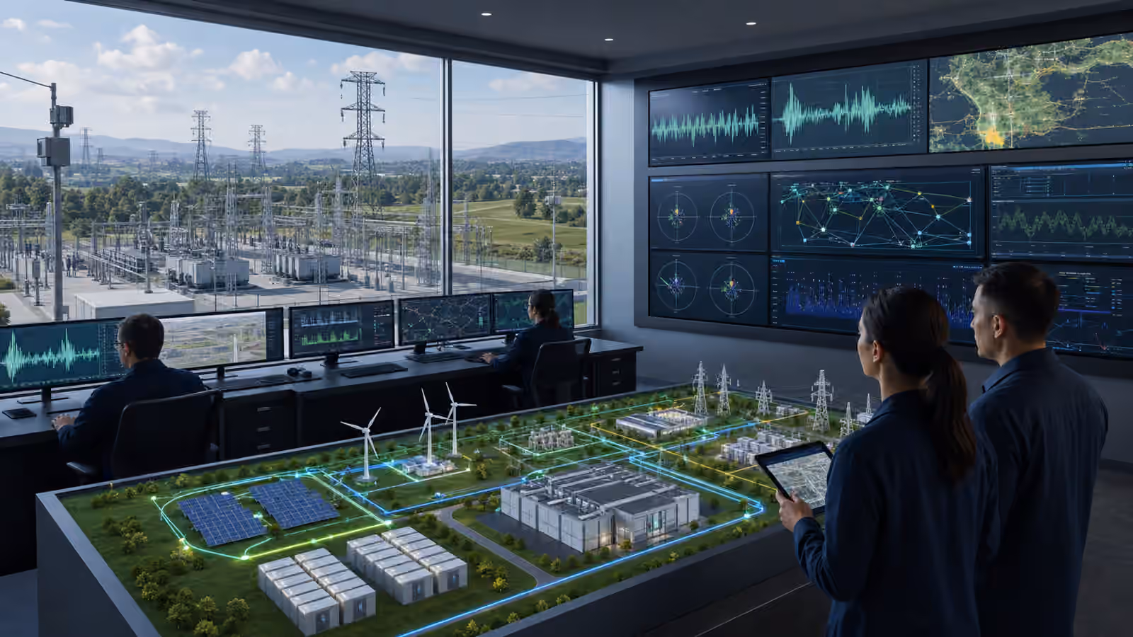 Grid operators reviewing sensor telemetry, waveform displays, a substation yard, transmission lines, batteries, solar, wind, and a data center model.
