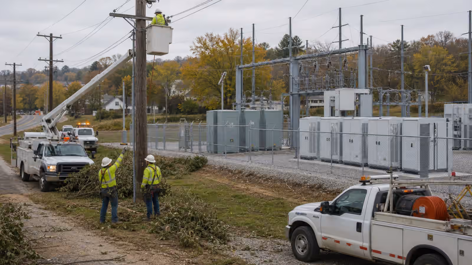 Utility crews inspecting reinforced grid equipment near storm-hardened poles, a substation, batteries, and emergency response vehicles.