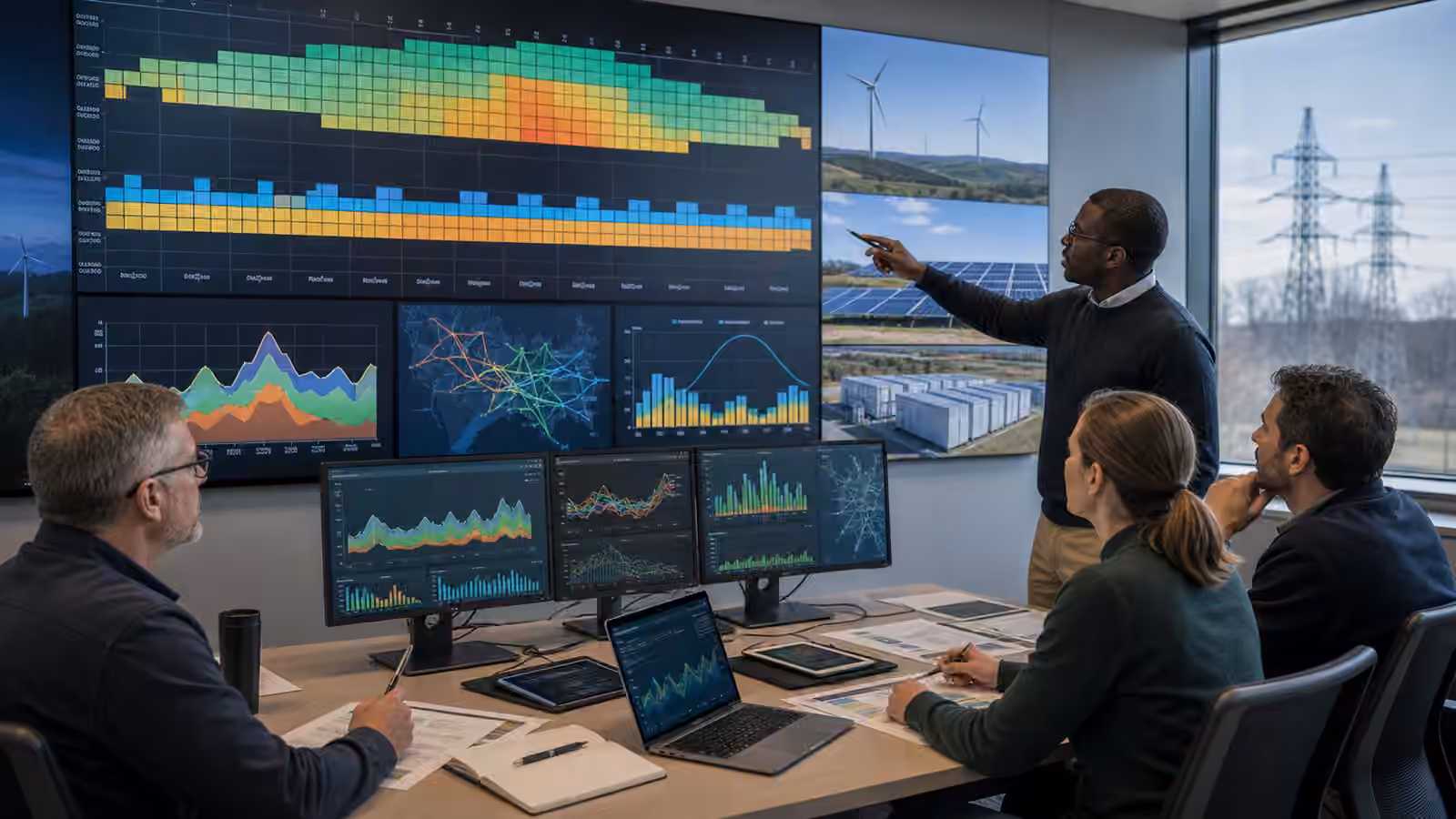 Energy planners compare hour-by-hour clean power blocks, wind and solar site photos, and battery dispatch models