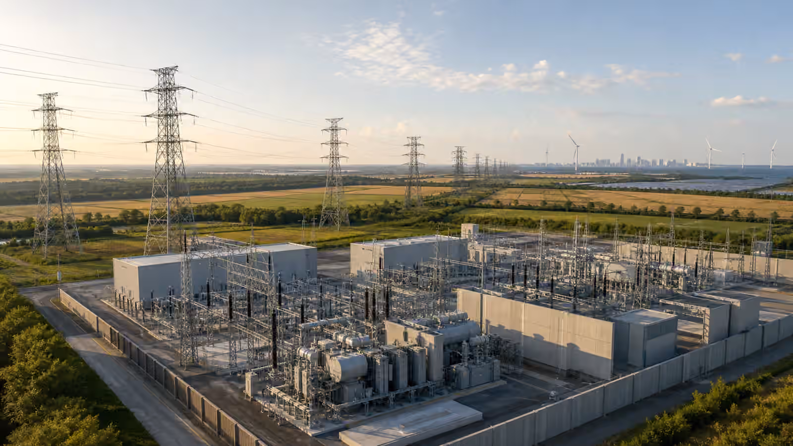 A high-voltage converter station with transmission towers crossing open land toward distant renewable generation and a city load center.
