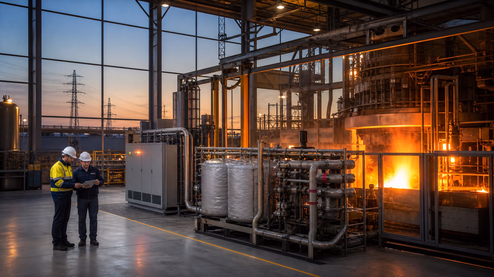 Engineers review electrified process heat equipment beside an electric furnace, insulated tanks, pipes, and a visible grid connection.