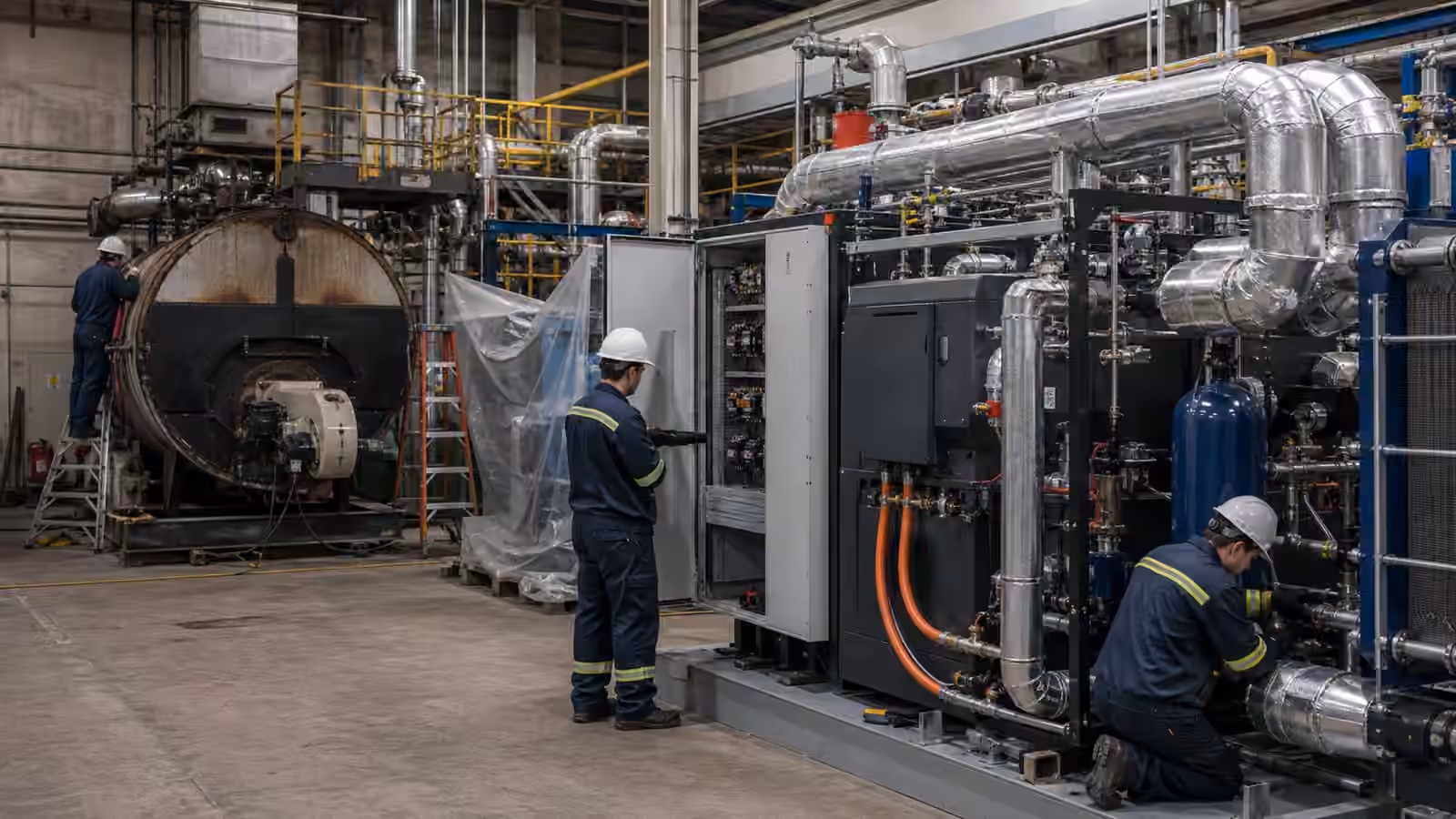 Factory workers review an electric process heat retrofit with insulated pipes, control cabinets, and older gas equipment nearby
