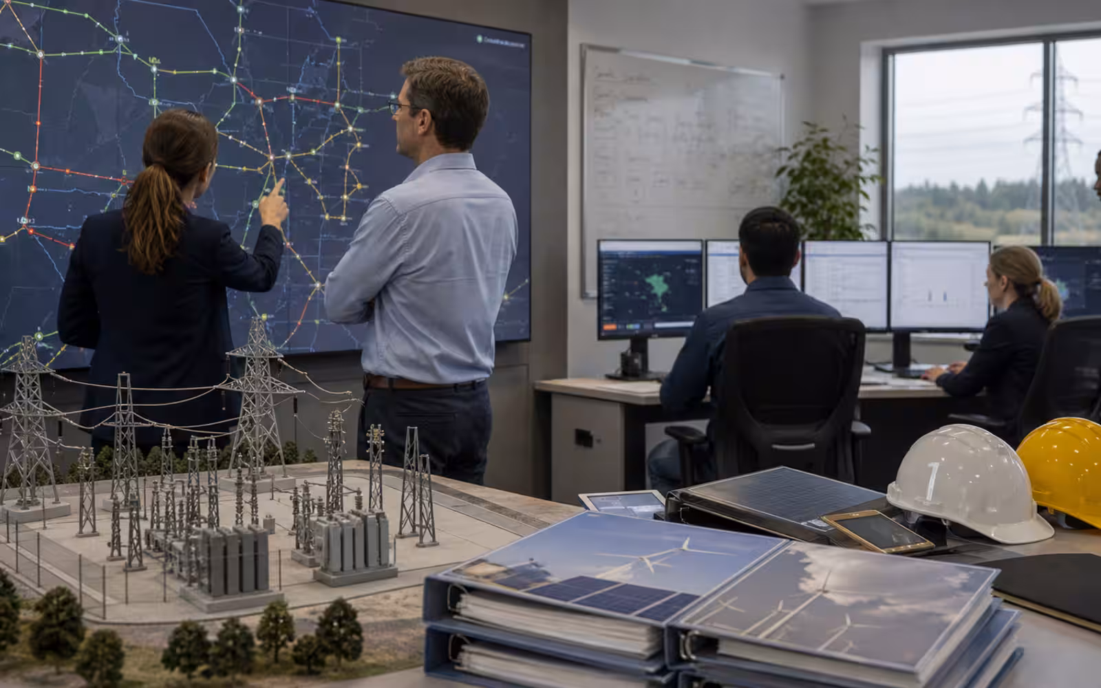 A power grid planning room with a transmission map, substation model, solar and wind project folders, unreadable screens, and engineers reviewing interconnection studies.