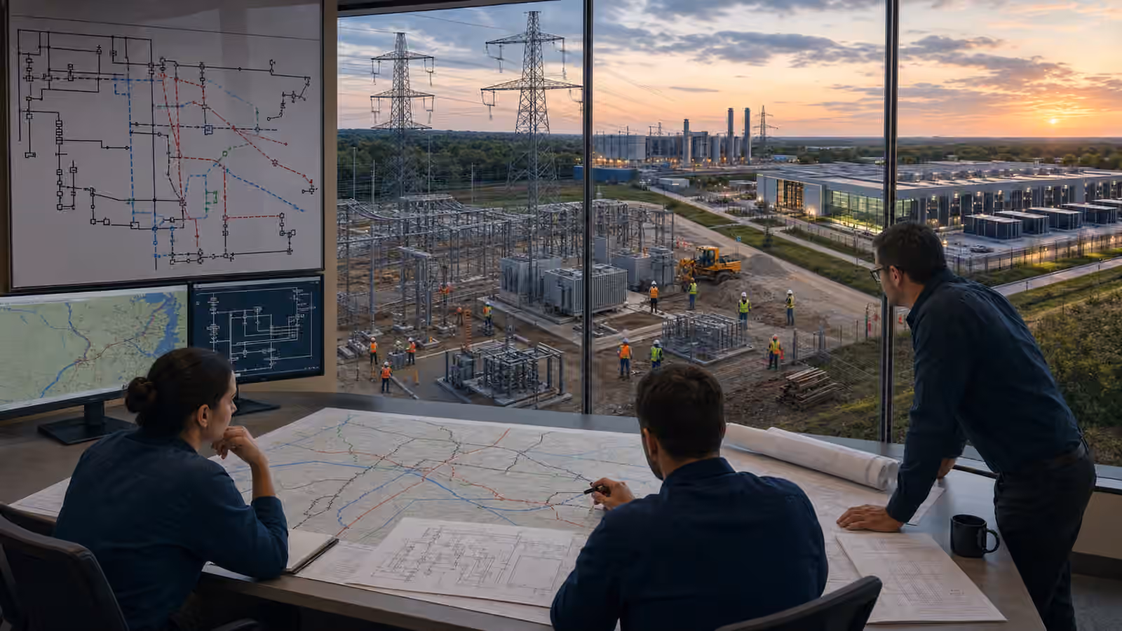 Grid planners review maps while a substation expansion connects a data center campus and industrial load to high-voltage lines.