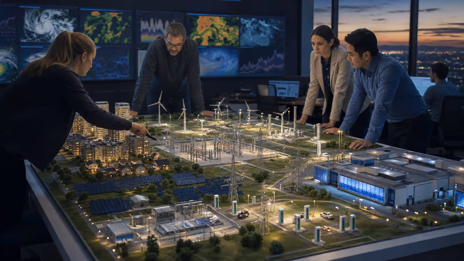 Grid planners study a physical power-system model with data centers, EV chargers, factories, homes, substations, and weather-sensitive demand.