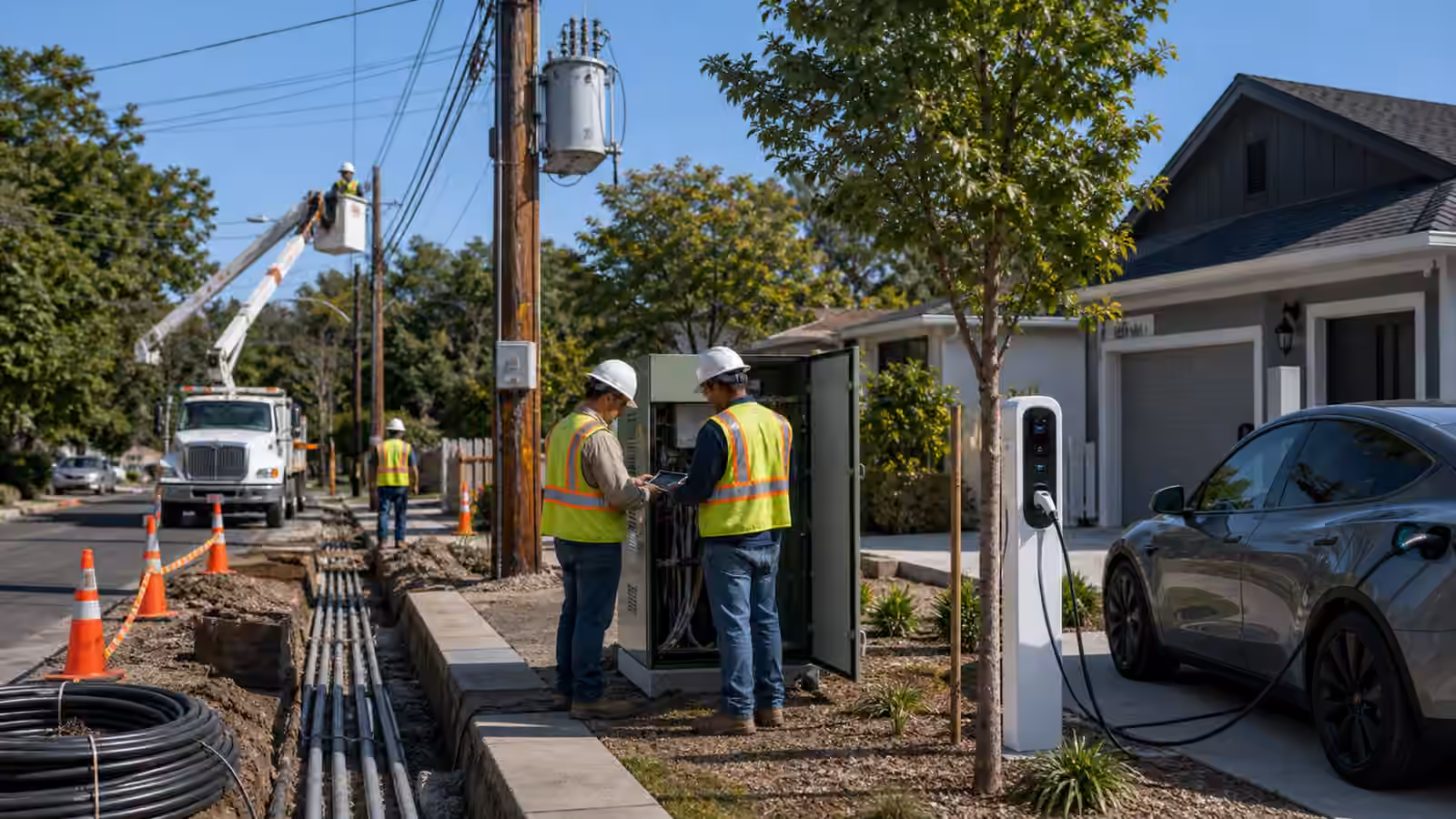 Utility crews review a neighborhood grid upgrade with a transformer, underground conduit, bucket truck, and home EV charger nearby