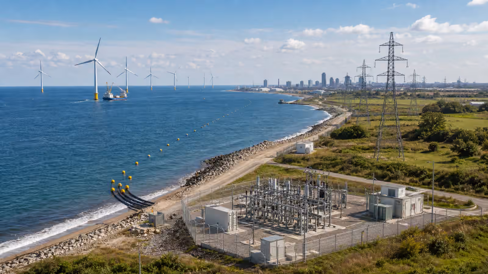 Offshore wind turbines connected by seabed cables to a coastal substation and inland transmission lines.