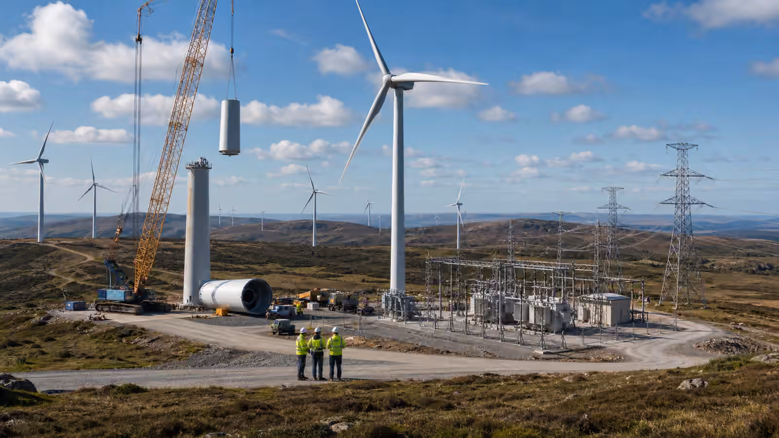 A modern onshore wind project with turbine components, a crane pad, a substation, and transmission lines.