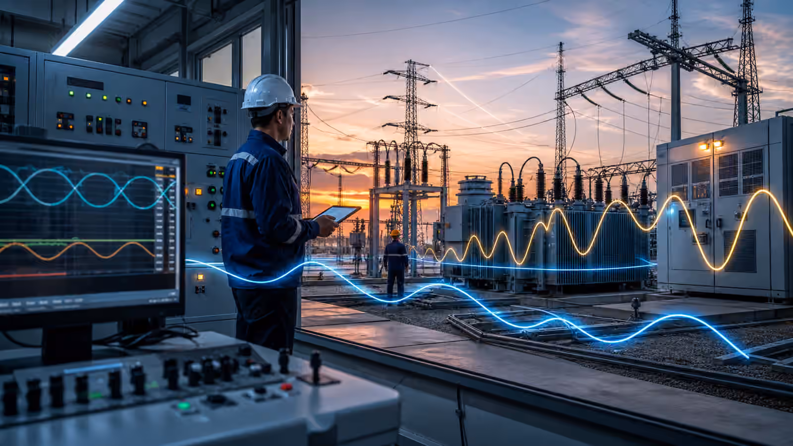 A substation control room overlooking transformers, switchgear, inverter cabinets, engineers, and glowing waveform traces across the equipment yard.