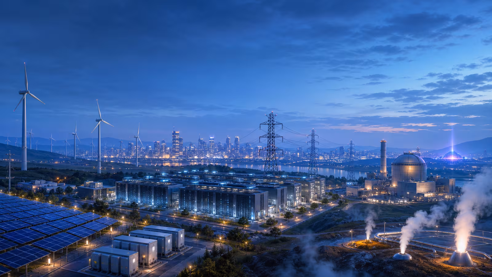 A future electric grid landscape with city load, data center power demand, transmission lines, storage, geothermal, advanced nuclear, and fusion research connected together