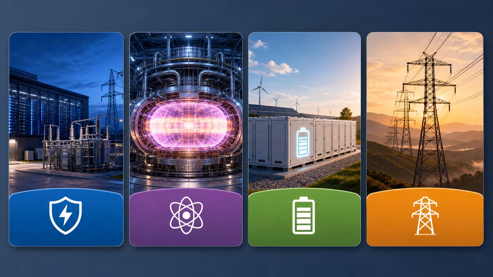 Four visual quiz cards showing a data center, fusion chamber, grid batteries, and transmission lines as energy system choices