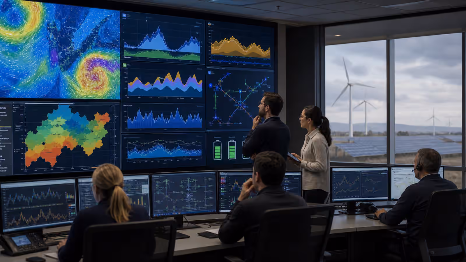 Grid operators studying weather-driven wind, solar, storage, and transmission conditions in a control room.