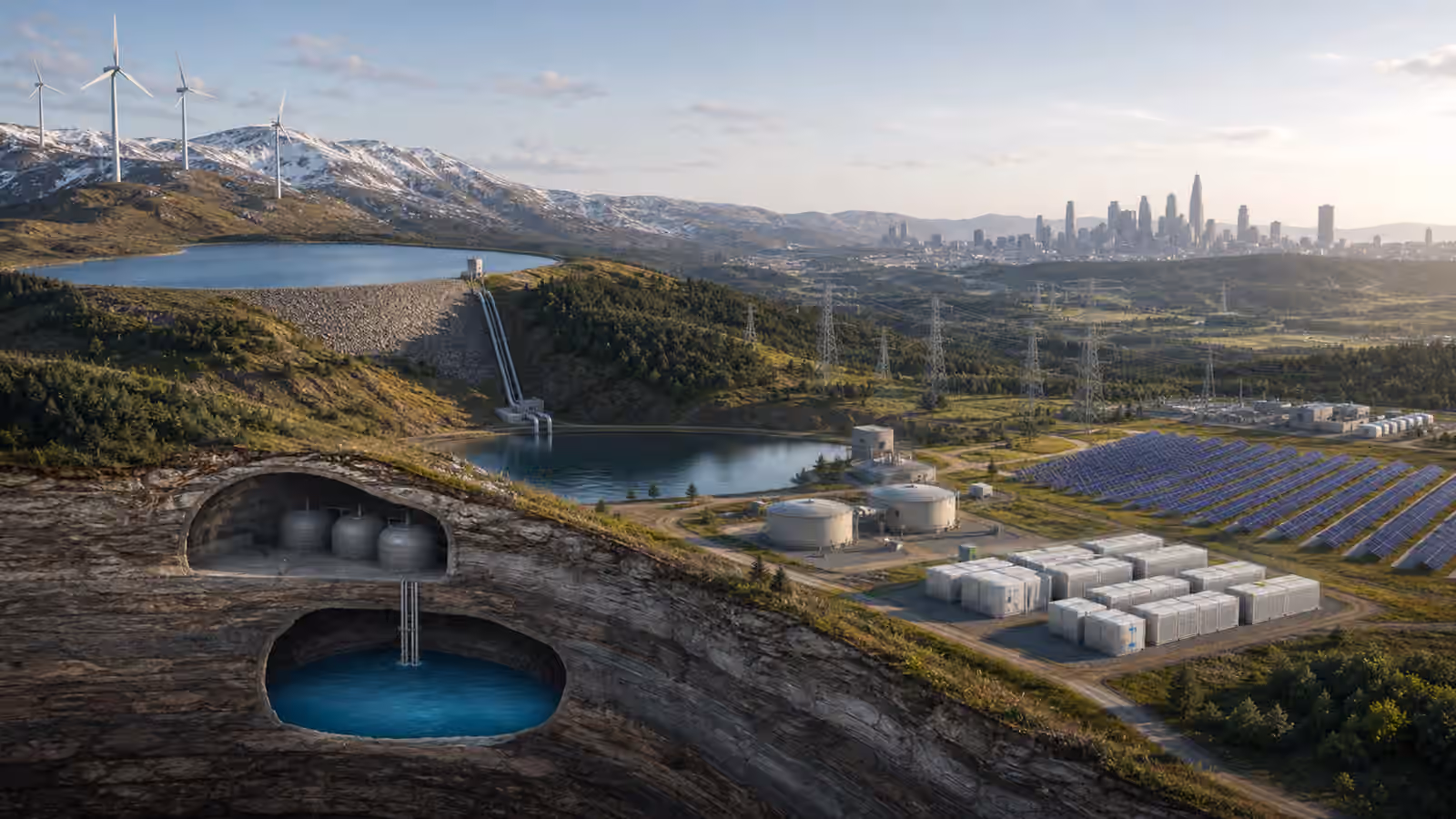 A landscape with wind turbines, solar fields, pumped water storage, thermal tanks, underground caverns, batteries, transmission lines, and a distant city.