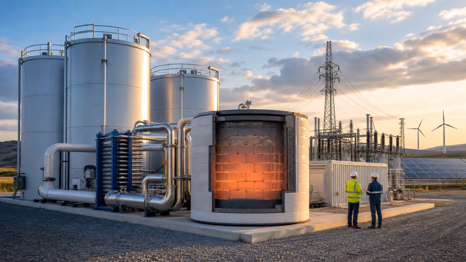 An industrial thermal energy storage site with insulated tanks, a glowing brick heat store, pipes, a substation, solar panels, and wind turbines.