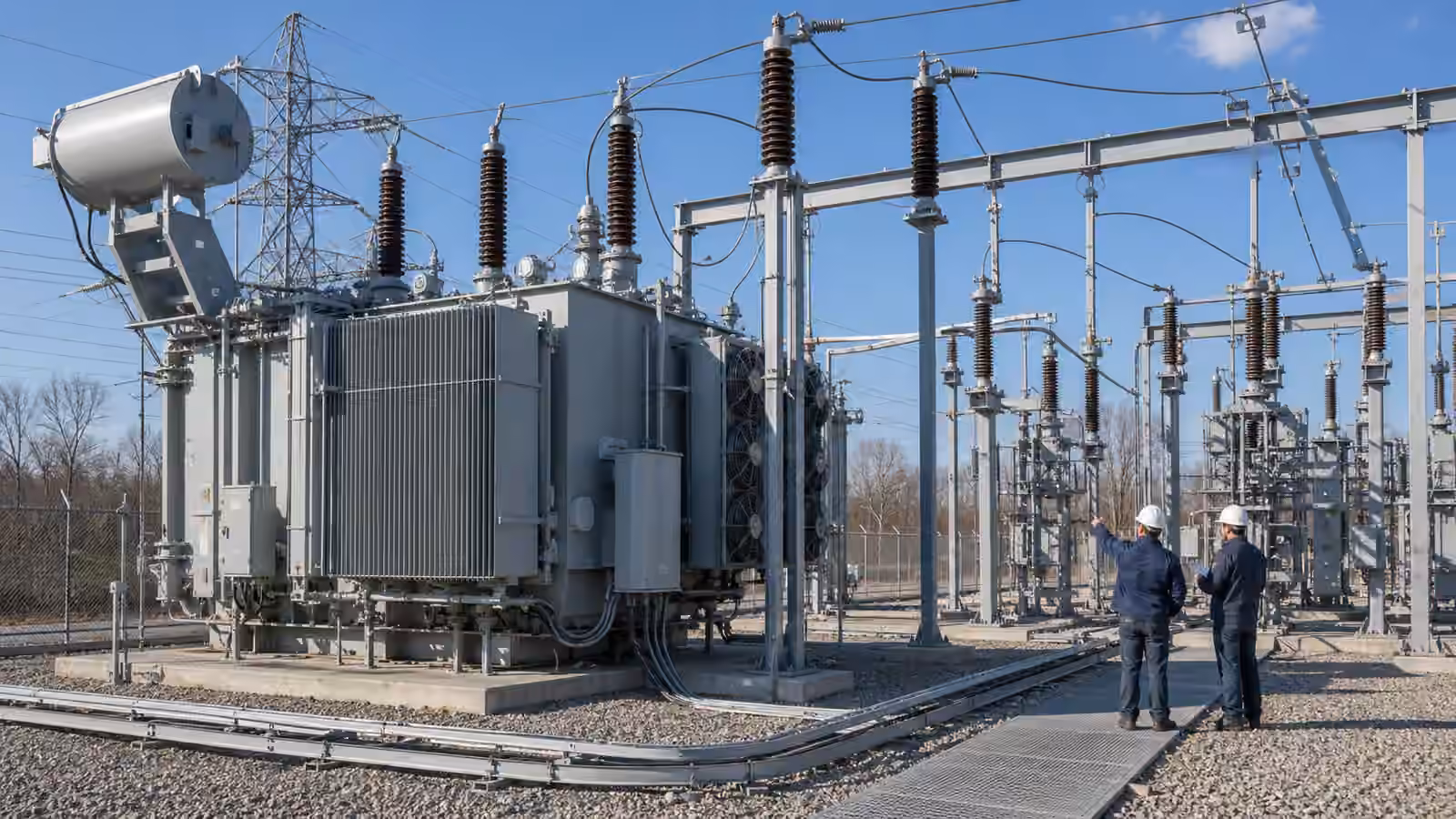 Utility engineers inspect large power transformers, cooling fins, bushings, cable trays, and fenced substation hardware