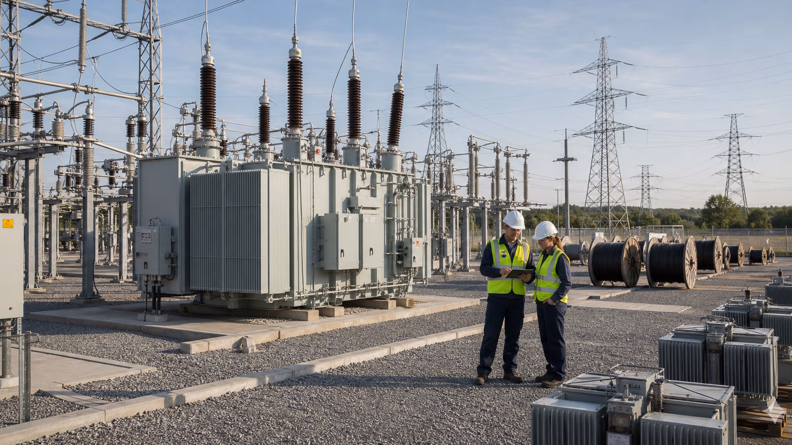 A modern electrical substation and equipment staging yard with large transformers, switchgear, cable reels, and engineers reviewing plans.