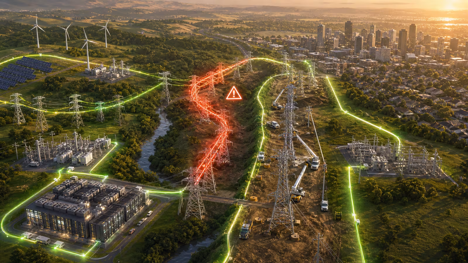 A regional electric grid landscape with renewable plants, a city load center, a data center campus, high-voltage towers, substations, a congested corridor, and crews upgrading lines.