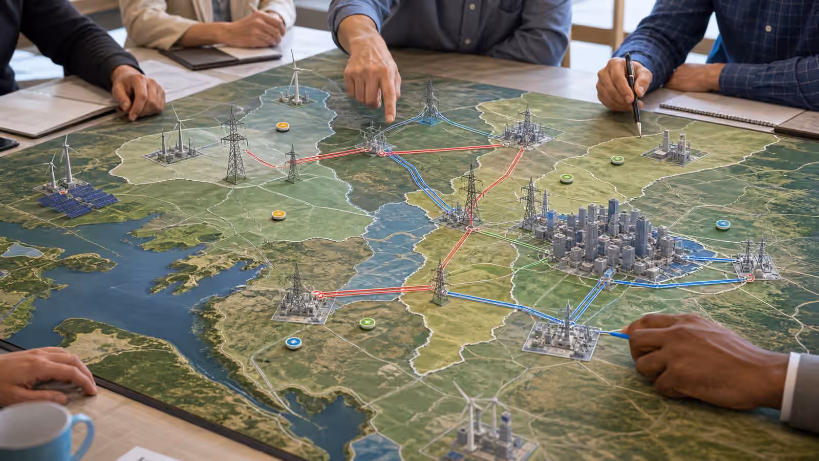 Energy planners studying a regional transmission map with substations, wind farms, solar arrays, city load centers, and colored power corridor models.