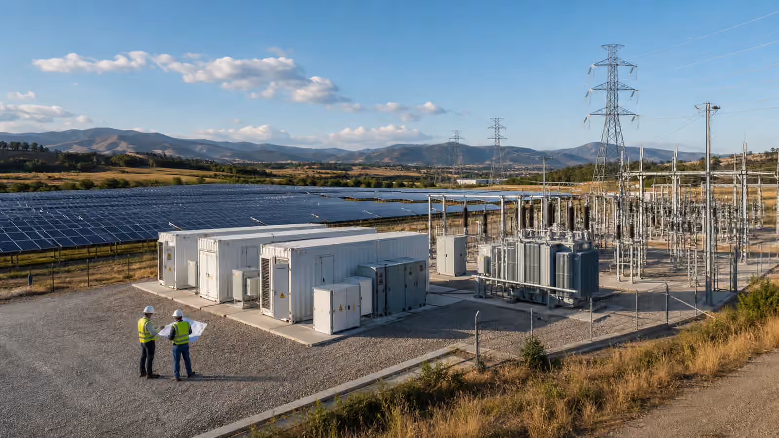 A utility-scale solar farm connected to inverter skids, a substation, and high-voltage transmission lines.
