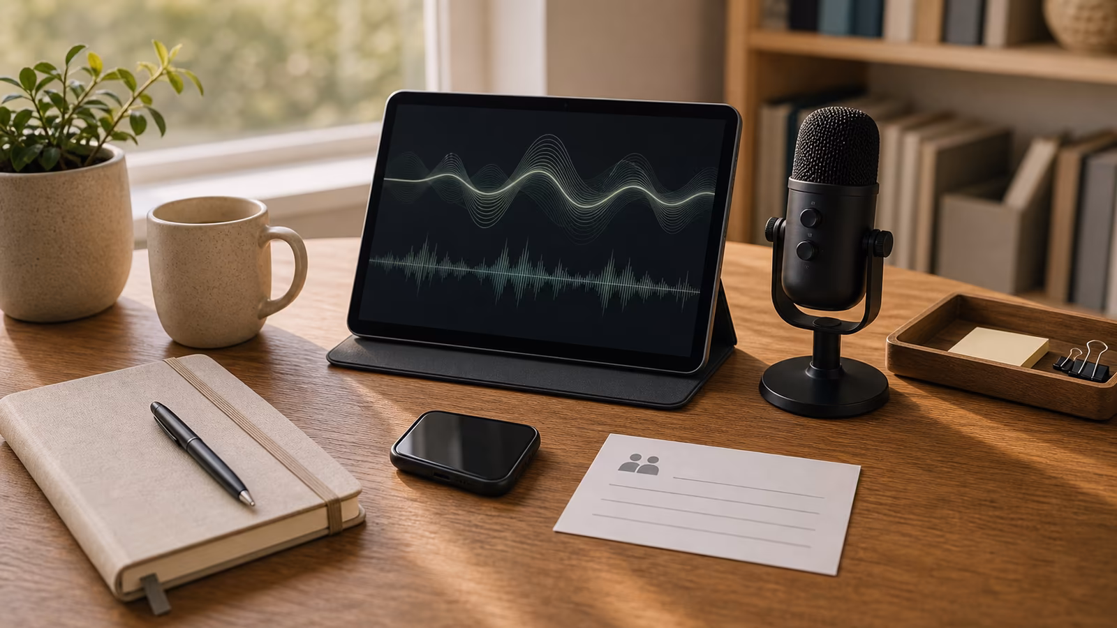 A tablet with abstract audio curves, phone, family callback card, and notebook arranged for AI voice verification.