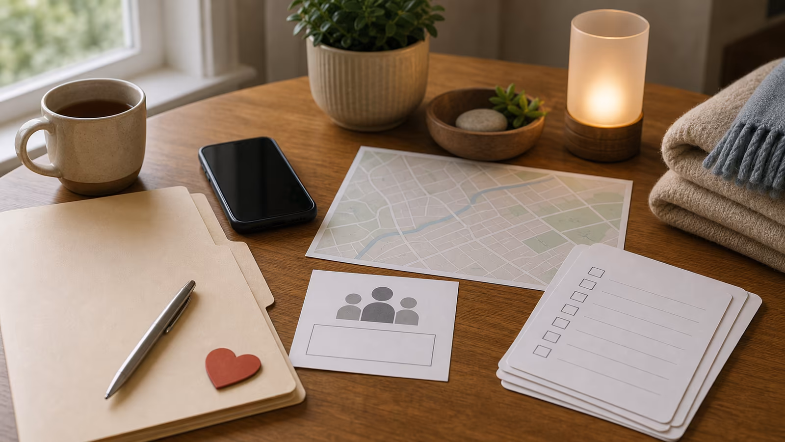 A donation folder, blank community card, phone, route map, and calm checklist table without seals or logos.